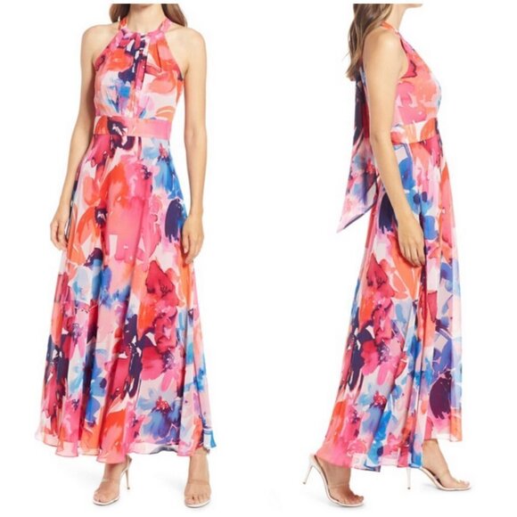 💕ELIZA J💕 Halter Neck Maxi Dress ~ Bold Watercolor Abstract Floral Print 8 NWT - Picture 2 of 16